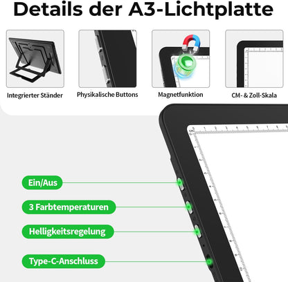 Zocelight Rechargeable A3 Light Board with Built-in Stand & Bag,Super Bright Magnetic Light Box for Tracing,Wireless Light Pad for Diamond Painting,Side Buttons,LED Light Table for Drawing,Sketching