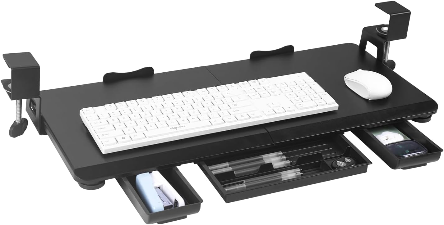Large Height Adjustable Keyboard Tray with Sturdy C-Clamp Mount and Storage Drawer, 27"(31"Including Clamps) x 12" Slide Out Ergonomic Keyboard Trays for Home and Office, Black