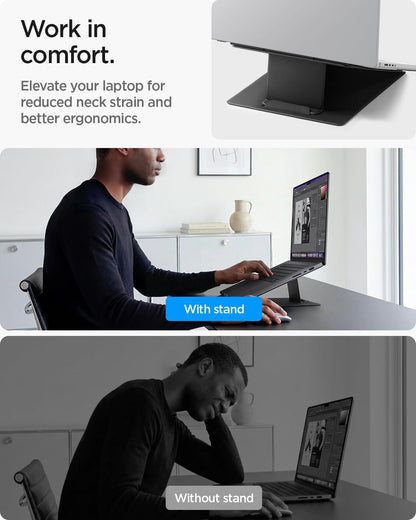 Spigen Slim Fold Portable Laptop Stand Keyboard Riser Foldable Ergonomic Angle Lift Anti-Slip Compatible with MacBook Neo, MacBook Air, MacBook Pro 11"-16" and iPad/Air/Pro and More - Black (LD201-S4)