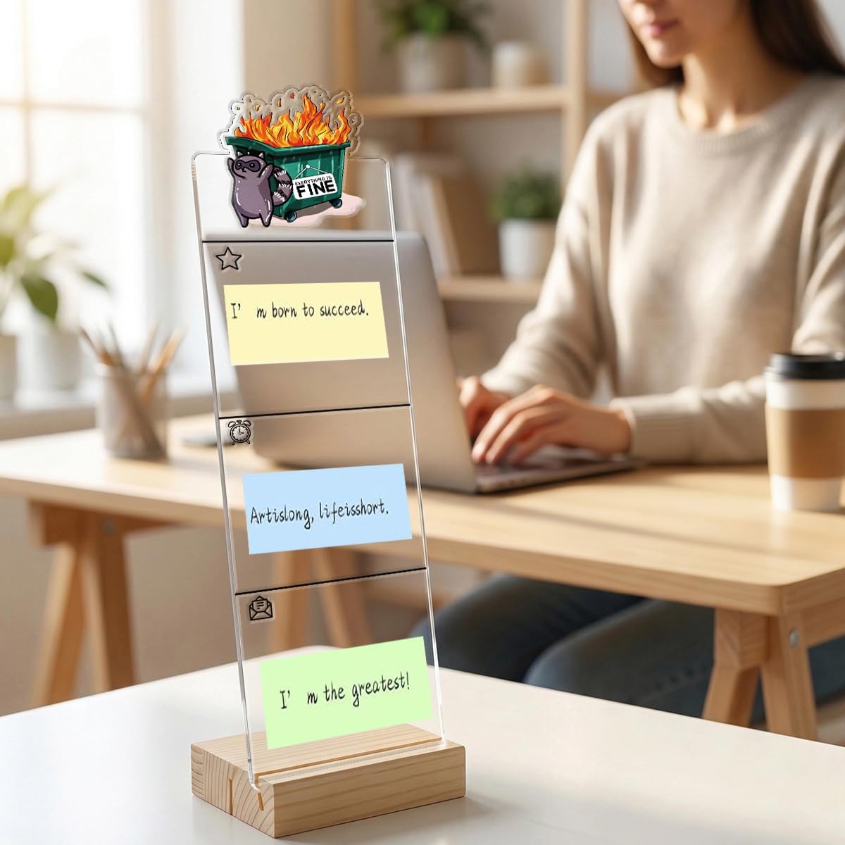 Monitor Memo Board Computer Monitor Memo Board Sticky Note Organizer Kidney Acrylic Desk Accessories Removable Wooden Base Set Sticky Notes 100 Sheets 11.8×3.1 inches