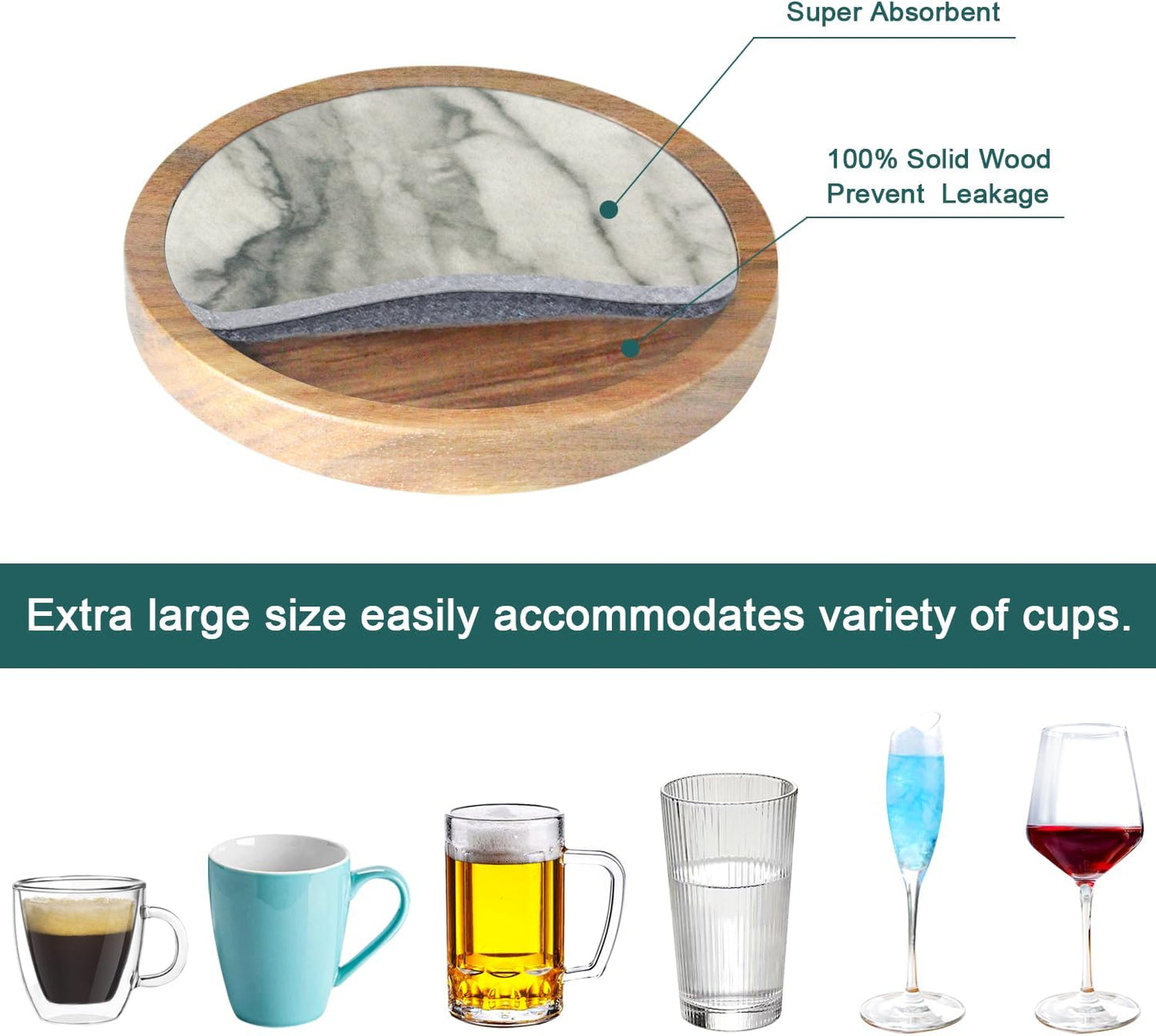 Wood Coasters for Drinks, Minacun Absorbent Coaster Sets of 5, Drinks Coasters for Coffee Tabletop Protection, Non-Slip, Non-Stick, Suitable for Kinds of Cups Wooden Table Drink, 4.3 Inches Black