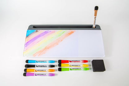 Glassboard Studio Glass Dry Erase Doodle Tray for Desktop Office Supply Storage - Marker and Eraser Included (8 Markers, White)
