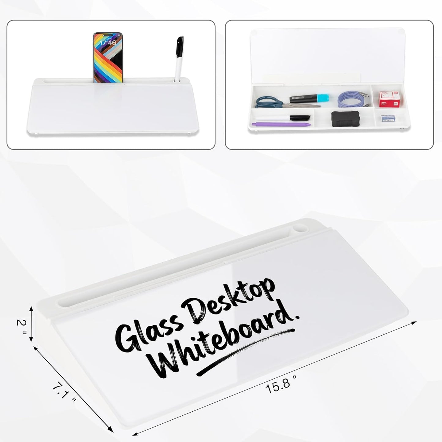 Glass Desktop Whiteboard 15.8×7”, Dry Erase Note Memo Board, Desk Organizer with Storage for Office, Home, Study, Black