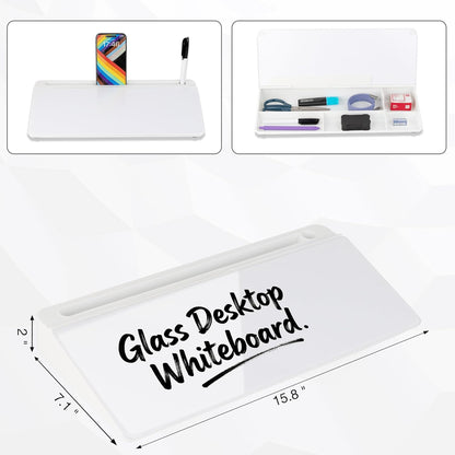 Glass Desktop Whiteboard 15.8×7”, Dry Erase Note Memo Board, Desk Organizer with Storage for Office, Home, Study, Black
