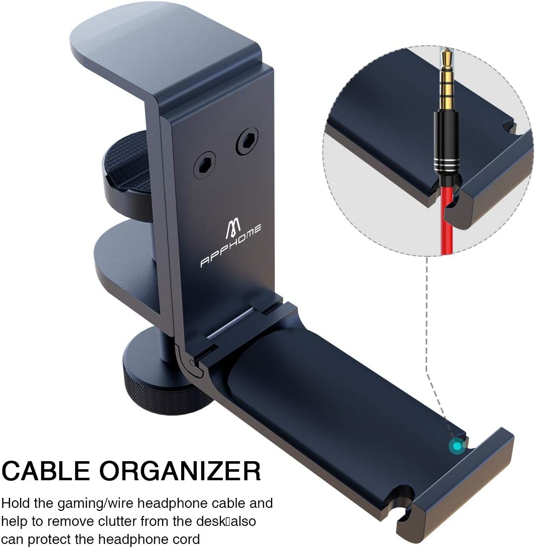 Foldable Headphone Stand Under Desk, Metal Headset Holder Hook for Desk with Cable Organizer, Space-Saving Desk Bag Hook & Backpack Hanger for Gaming Office, Universal Fit, Black