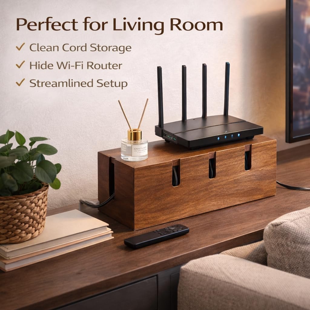 Wood Cable Management Box for Desk & TV – Cable Organizer Box to Hide Cords, Power Strips & Chargers, Decorative Cord Hider, Includes 20 Reusable Cable Ties