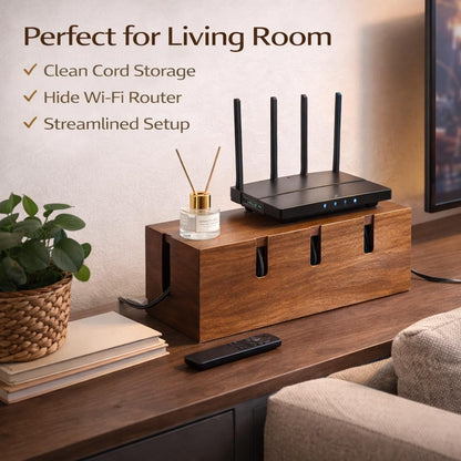 Wood Cable Management Box for Desk & TV – Cable Organizer Box to Hide Cords, Power Strips & Chargers, Decorative Cord Hider, Includes 20 Reusable Cable Ties