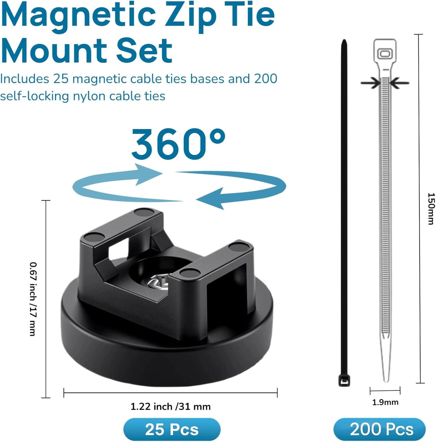 225 Pieces Magnetic Cable Ties Set, 25 Magnetic Zip Tie Mounts with 200 Cable Ties, Strong Wire Holder Cables Management, Multipurpose Electrical Cord Holders Organizer (22mm)