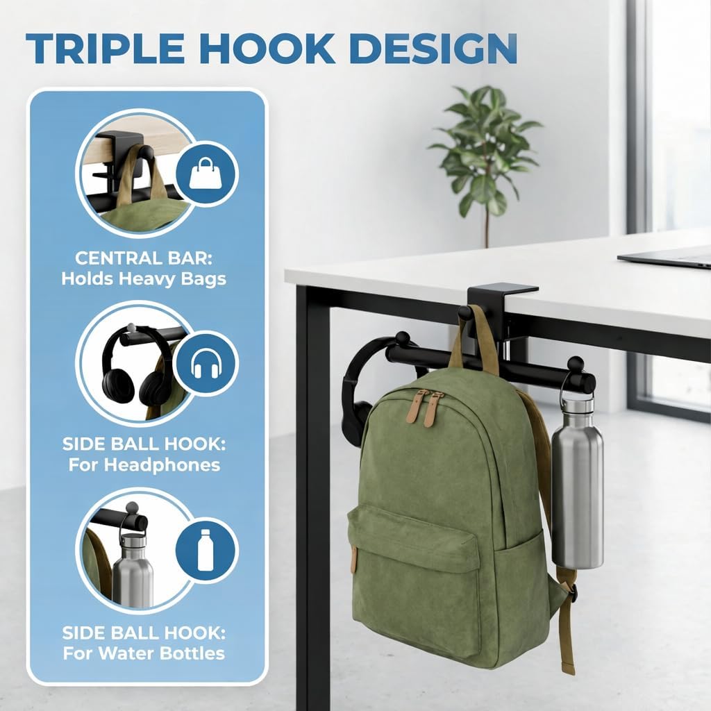 Heavy-Duty Backpack Hanger for Desk & Table, Adjustable Desk Hook for Bag with 80lb Capacity, T-Shape Backpack Holder & Purse Hook for Table, Clip-On Desk Bag Hook for Office Classroom Home