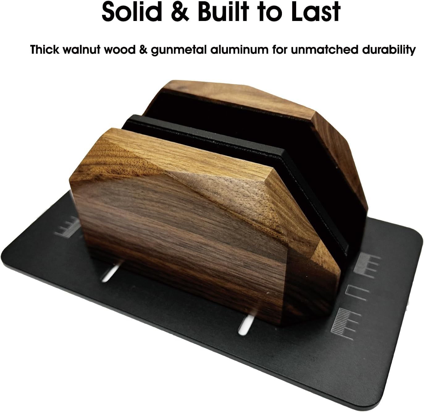 Vertical Laptop Stand for Desk, Dual Slot Wood Laptop Holder to Dock MacBook, MacBook Pro and & Gaming Laptops, Solid Black Walnut, Geometric Sculpted Craftsmanship