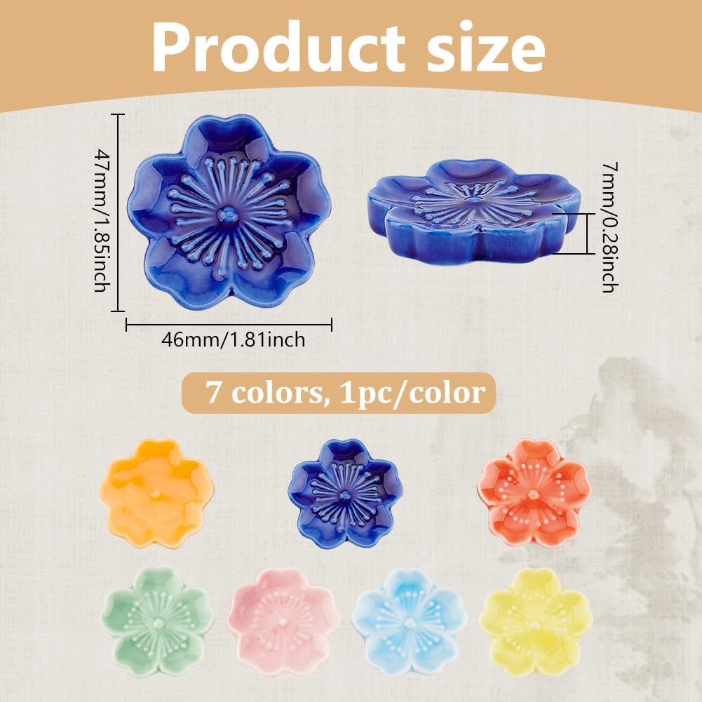 BENECREAT 7Pcs 7 Colors Cherry Blossom Porcelain Brush Holder Rest, Japanese Style Ceramic Paint Brush Pen Holders for Oriental Art Supply Painting Brushes, 1.8inch