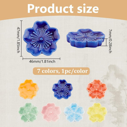 BENECREAT 7Pcs 7 Colors Cherry Blossom Porcelain Brush Holder Rest, Japanese Style Ceramic Paint Brush Pen Holders for Oriental Art Supply Painting Brushes, 1.8inch