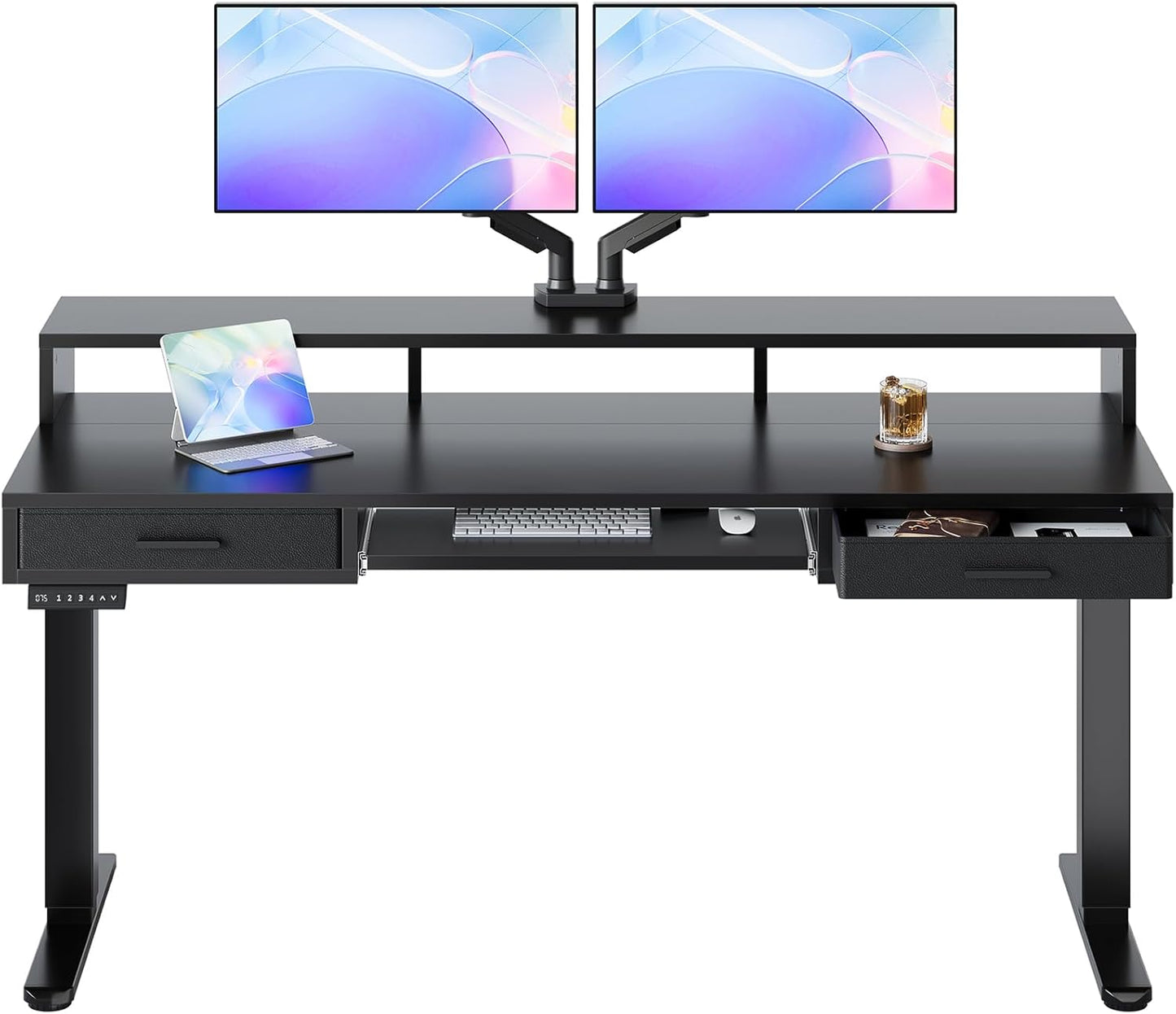 HUANUO 55″ x 26″ Electric Standing Desk with 2 Drawers &24.4″ Large Keyboard Tray, C-Clamp Mount Compatible, Adjustable Computer Desk for Office, Sit Stand Up Desk with 4 Height Presets, Light Walnut