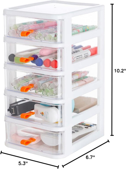 Gagee 3 Drawer Mini Desktop Unit,Plastic dressers with drawers for Arts and Crafts, Small Tools, Sewing Accessories, Stationary, and Hardware,Clear/White Frame