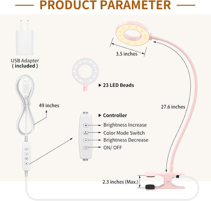 iZELL Book Light, Clip on Reading Light with Silicone Flexible Arm, Dimmable LED Lamparas Clamp on Workbench Desk for Studying Painting Crafting Drawing Makeup Nail Tech Puzzle Task - 27.6‘’ White