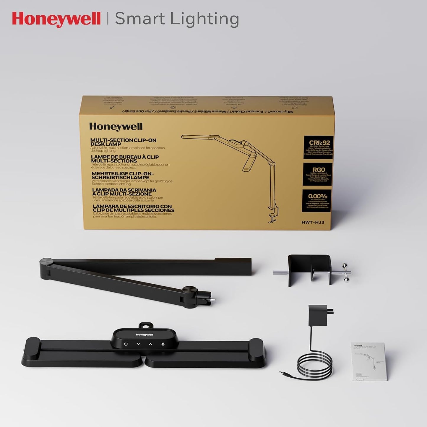 Honeywell LED Desk Lamp with Clamp - HJ3B Sunturalux Eye-Caring Desk Light for Home Office, 22W Ultra Bright 3-Section Adjustable Task Lamp with Stepless Dimming for Dual Monitor Lighting