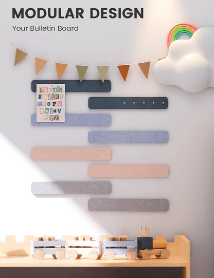 Fluxynara Cork Board Alternative Felt Strip Board 8-Pack 13"x2", Office Pin Board with 50 Push Pins, Adhesive Install for Bedroom Door & Home Office(Linen Dusk)