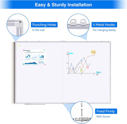 Magnetic White Board Dry Erase Board for Wall，72" x 40" Wall-Mounted Aluminum Frame Marker Board, Foldable Portable Whiteboard with a Long Pen Tray for School, Classroom, Office & Home