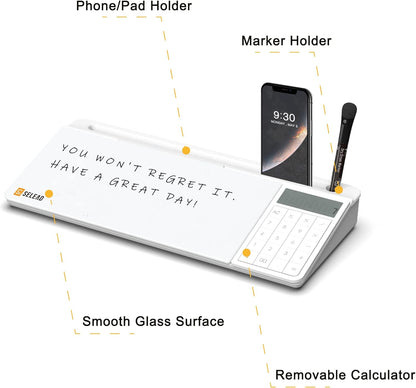 SELEAD Desktop Glass Whiteboard with Wireless Charger Station, Dry Erase Board Computer Pad Keyboard Stand with Organizer for Home, School, Office Desk Accessories, Black