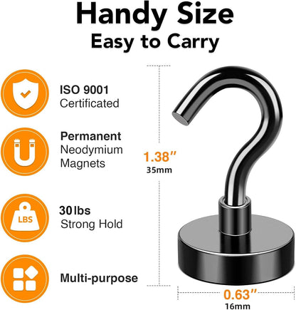 MIKEDE Black Magnetic Hooks 85Lbs Heavy Duty Earth Magnets with Hooks for Cruise Cabin Strong Magnet Hooks for Hanging Super Metal Magnetic Hanger for Grill Fridge Kitchen - Pack of 10