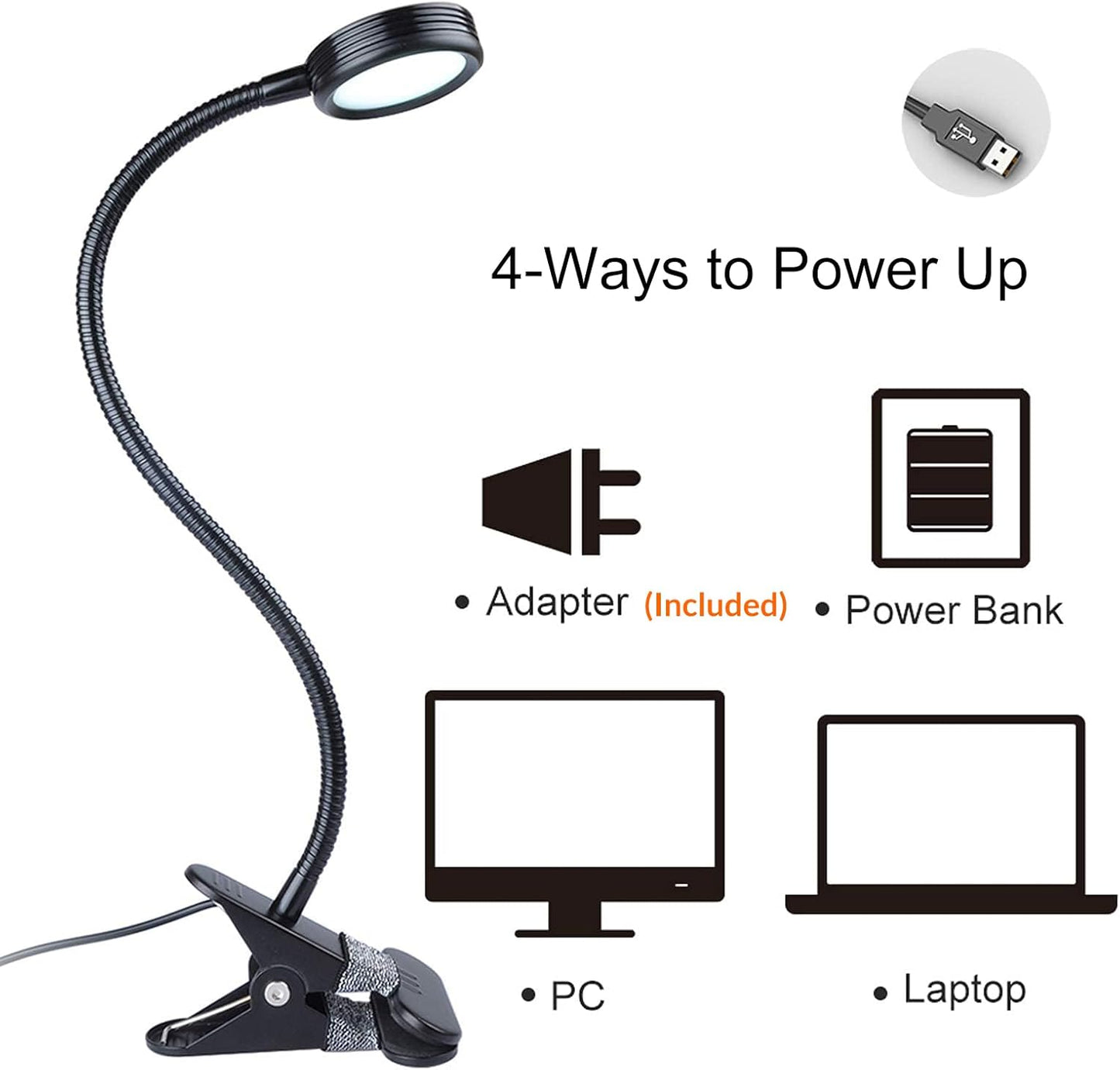 LEPOWER Clip on Light/Reading Lights/Book Light/Desk Lamp Color Changeable/Night Lights Clip on for Desk, Bed Headboard and Computers, Adapter Included (Black) Metal