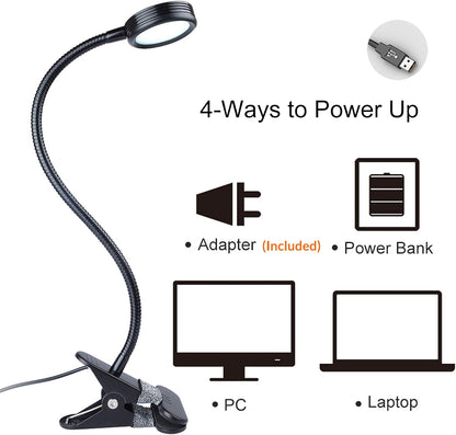 LEPOWER Clip on Light/Reading Lights/Book Light/Desk Lamp Color Changeable/Night Lights Clip on for Desk, Bed Headboard and Computers, Adapter Included (Black) Metal