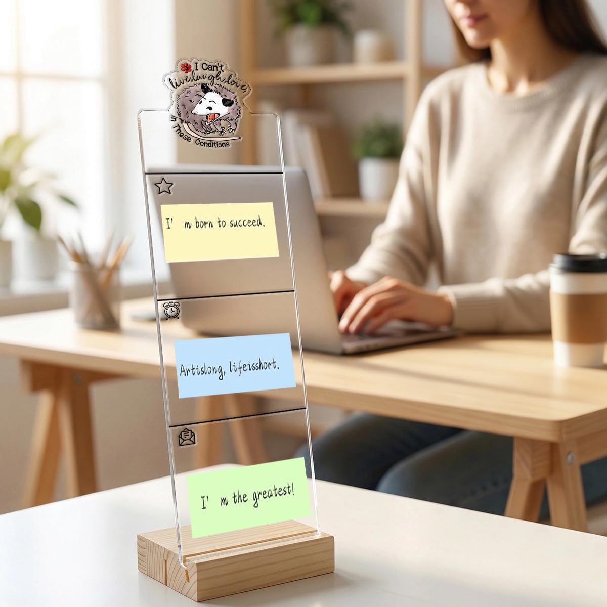 Monitor Memo Board Computer Monitor Memo Board Sticky Note Organizer Kidney Acrylic Desk Accessories Removable Wooden Base Set Sticky Notes 100 Sheets 11.8×3.1 inches