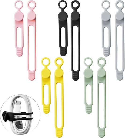 10Pcs Reusable Silicone Cable Ties – Adjustable Cord Organizer with Locking Buckle, Elastic Cable Straps for Earphones, Chargers, PC Wires – Colorful Wire Wraps for Home, Office, Travel