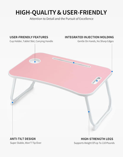 ZEAPTAC Laptop Bed Desk, Foldable Lap Desk, Portable Lap Table, Laptop Stand with Cup Holder, Tablet Slot & Lifting Handle for Work, Write, Draw & Eat on Bed, Sofa or Couch - Pink