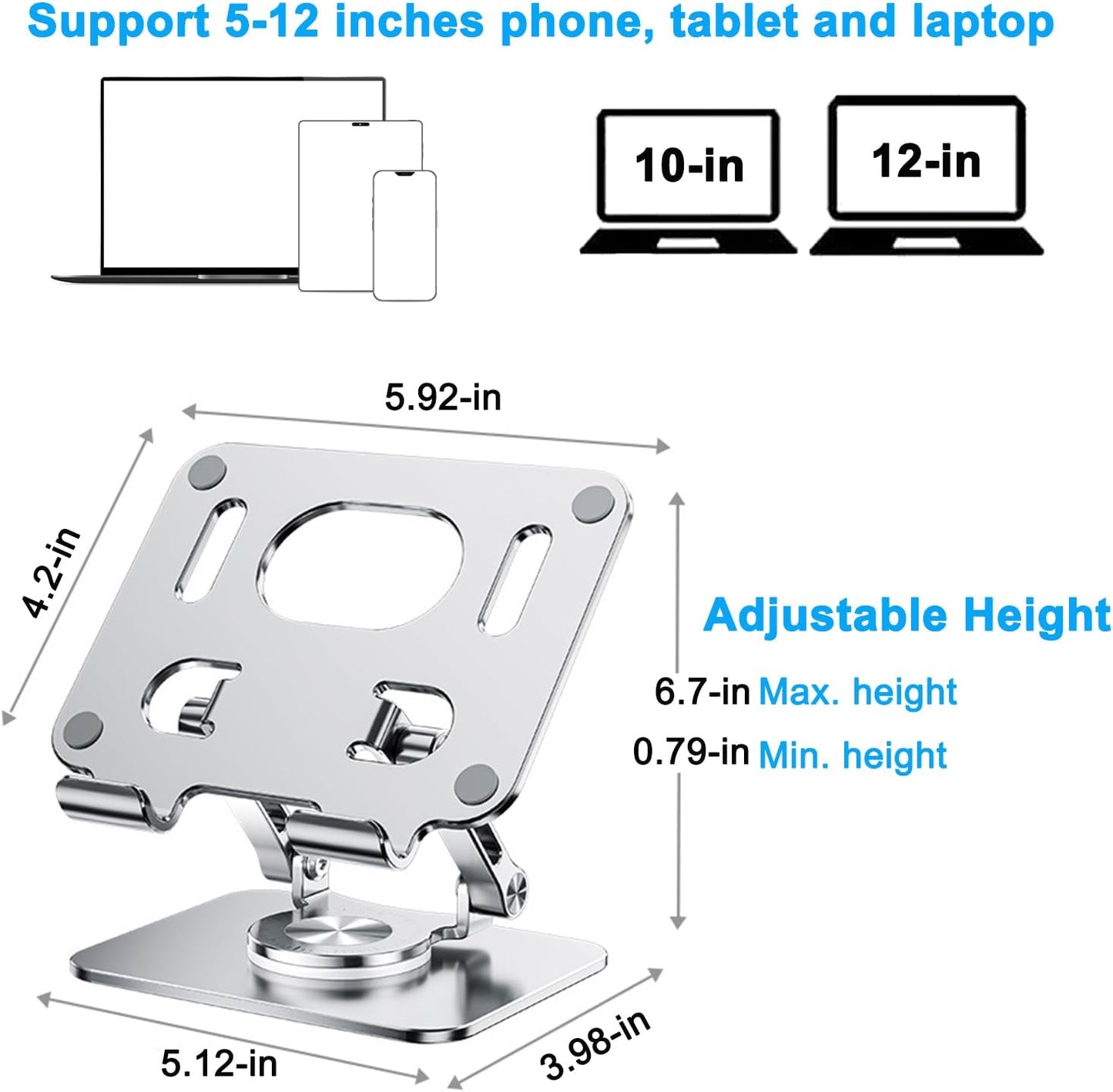 DCHAV Foldable Adjustable Drawing Tablet Stand for Desk iPad Holder Laptop Computer Riser 360 Rotating Ergonomic Aluminum Raised Table for Portable Monitor Phone 5-12 Inch Notebook, Silver