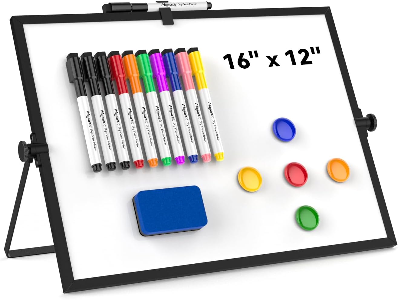 Dry Erase White Board, Cazeyoo Magnetic Desktop Whiteboard 16 x 12inch with Stand, 10 Markers, 4 Magnets and 1 Eraser, Portable Double-Sided White Board for Kids Drawing, Office, Home, School