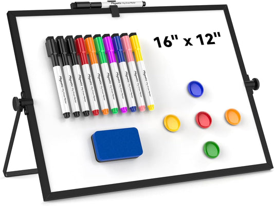 Dry Erase White Board, Cazeyoo Magnetic Desktop Whiteboard 16 x 12inch with Stand, 10 Markers, 4 Magnets and 1 Eraser, Portable Double-Sided White Board for Kids Drawing, Office, Home, School