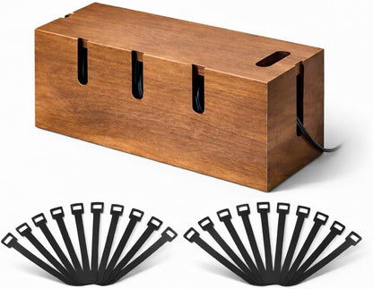 Wood Cable Management Box for Desk & TV – Cable Organizer Box to Hide Cords, Power Strips & Chargers, Decorative Cord Hider, Includes 20 Reusable Cable Ties