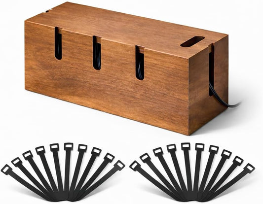 Wood Cable Management Box for Desk & TV – Cable Organizer Box to Hide Cords, Power Strips & Chargers, Decorative Cord Hider, Includes 20 Reusable Cable Ties