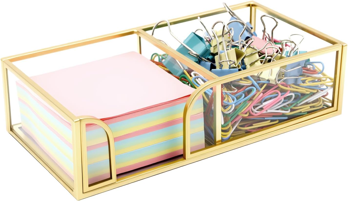 Glass Sticky Note Holder, Gold Post It Note Dispenser for Desk,3 x 3 Inch Post It Note Holder,Stylish Sticky Note Dispenser for Home Office Desk