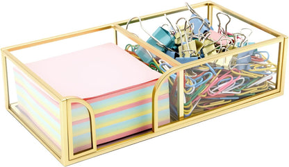 Glass Sticky Note Holder, Gold Post It Note Dispenser for Desk,3 x 3 Inch Post It Note Holder,Stylish Sticky Note Dispenser for Home Office Desk