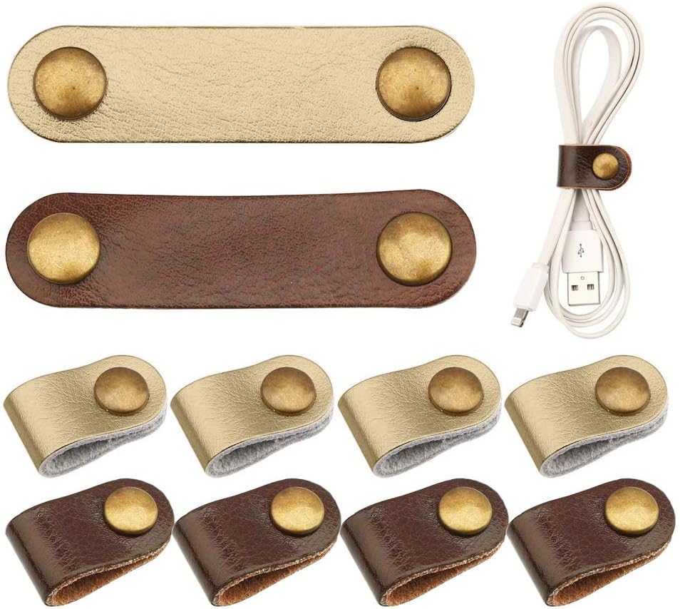 10 Pcs Cord Organizer, Portable Leather Cable Cord Stocking Stuffers for Men USB Straps Earphone Winder with Leather Handmade (Brown/white)