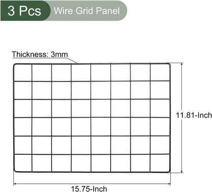 YOKIVE 3Pcs Iron Wire Grid Panel, Decorative Panels Board | Photo Pictures Display Holders Hanging Frame for Home Office (Black, 16"x12")