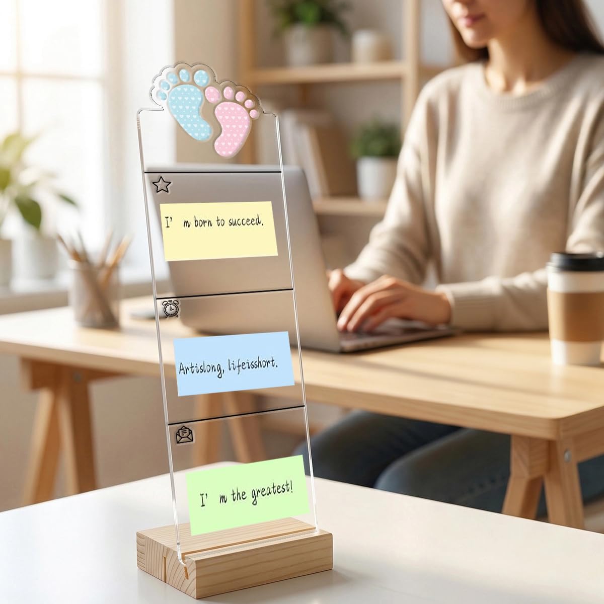 Monitor Memo Board Computer Monitor Memo Board Sticky Note Organizer Kidney Acrylic Desk Accessories Removable Wooden Base Set Sticky Notes 100 Sheets 11.8×3.1 inches