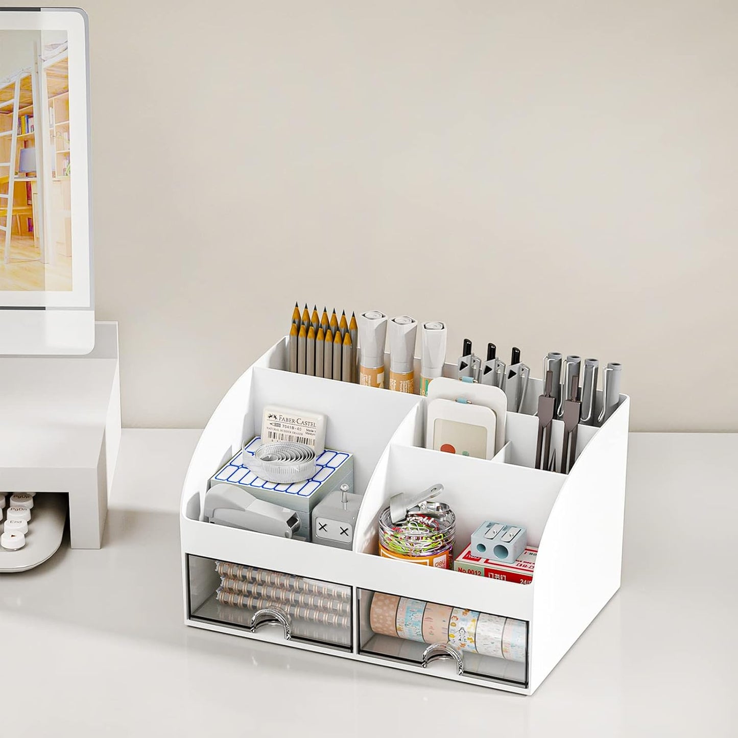 COMFYROOM Desk Organizer with 6 Compartments and 2 Drawers, Plastic Makeup Organizer, Pen Holder for Desktop Storage, Desk Organization for School, Home, Office Supplies (White)