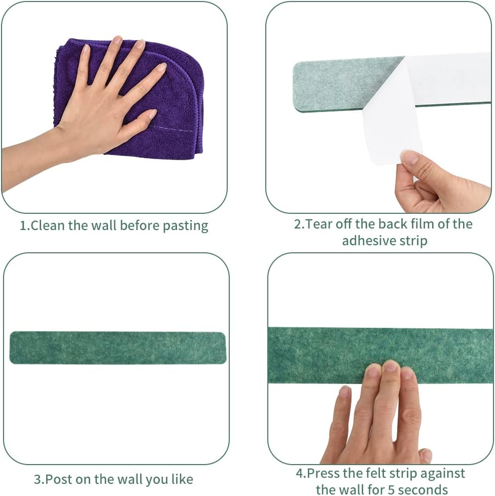 Vuzvuv 8 pcs Bulletin Board Bar Strips with 50 Pushpins & 10 Wooden Clip pins，Self Adhesive Cork Board for Wall，Felt Pin Board for School，Office Decor（Black White Grey）
