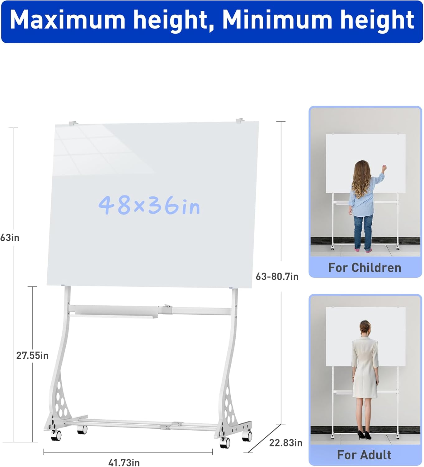 40 x 28 inch Mobile Magnetic Glass Whiteboard, Double-Sided Board with Felt Back and Storage for Office & Classroom, White