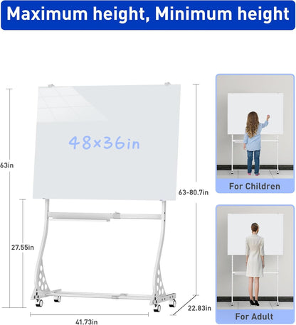 40 x 28 inch Mobile Magnetic Glass Whiteboard, Double-Sided Board with Felt Back and Storage for Office & Classroom, White