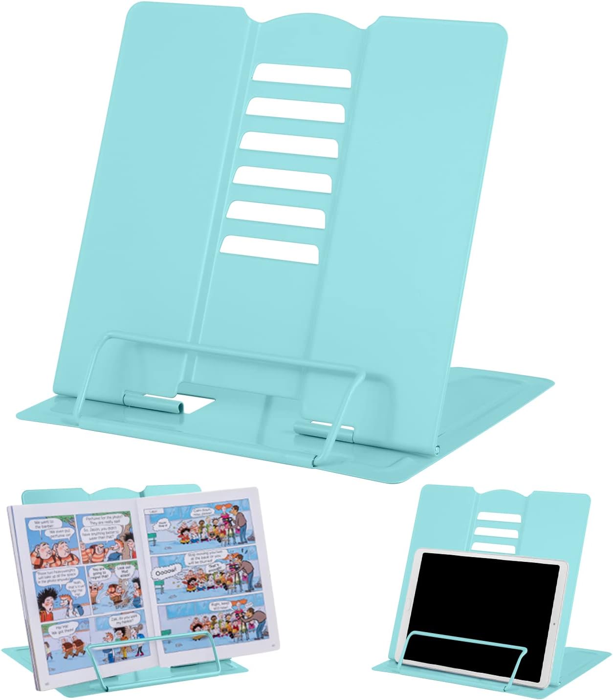 MSDADA Desk Book Stand Metal Reading Rest Book Holder Adjustable Cookbook Documents Holder Bookstands for Recipes Textbook Music Books, the First Day of School Gift for Students, Teachers (Light Blue)
