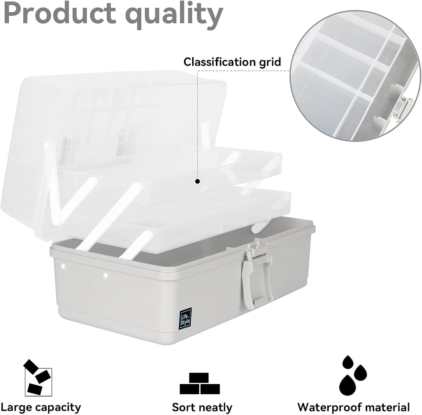 WEWLINE 13-Inch Art Storage Box 3-Layers Plastic Storage Box with Handle Craft Art Bin Portable for Home School Office Travel, Black