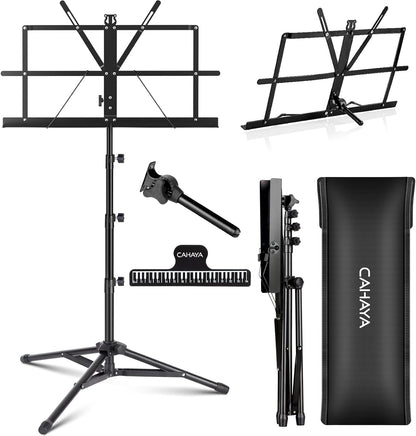CAHAYA Portable Sheet Music Stand: Dual Use Desktop Book Holder Folding Lightweight Extra Stable Reinforced with Carrying Bag and Clip for Students Musicians Height Adjustable up to 54.3" CMS0204