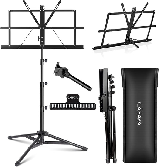 CAHAYA Portable Sheet Music Stand: Dual Use Desktop Book Holder Folding Lightweight Extra Stable Reinforced with Carrying Bag and Clip for Students Musicians Height Adjustable up to 54.3" CMS0204