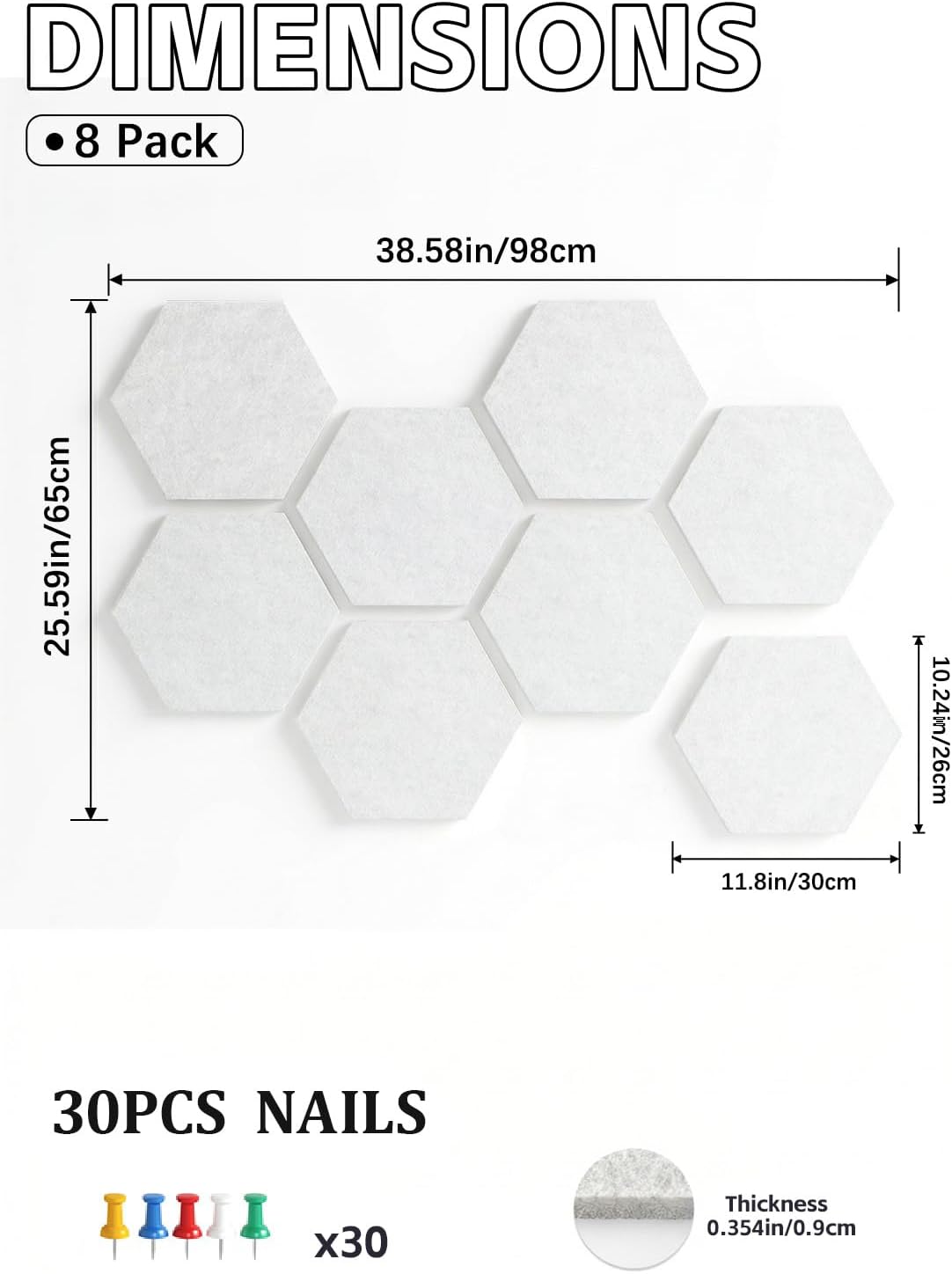 8 Pack Hexagon Felt Bulletin Board Tiles - 12" Large Thick Pin Board for Walls with 30 Push Pins, DIY Boards for Office Home School Decor, Aesthetic Hex Cork Board Alternative