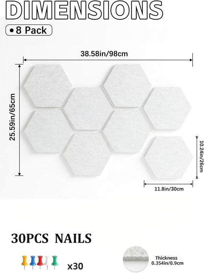 8 Pack Hexagon Felt Bulletin Board Tiles - 12" Large Thick Pin Board for Walls with 30 Push Pins, DIY Boards for Office Home School Decor, Aesthetic Hex Cork Board Alternative