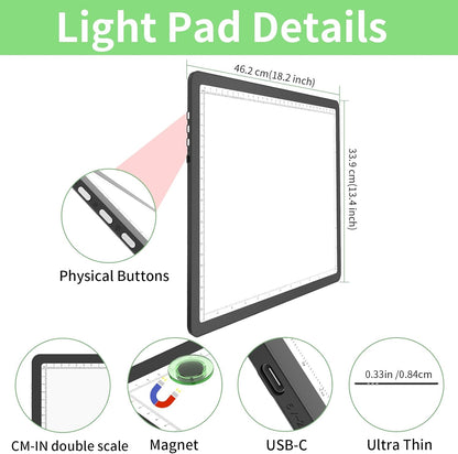 KOBAIBAN A3 Magnetic Light Pad with Bag, Rechargeable Diamond Art Light Board with Side Physical Buttons, 3 Color Light Modes Super Bright Light Table Light Box for Tracing, Drawing, Sketching (White)